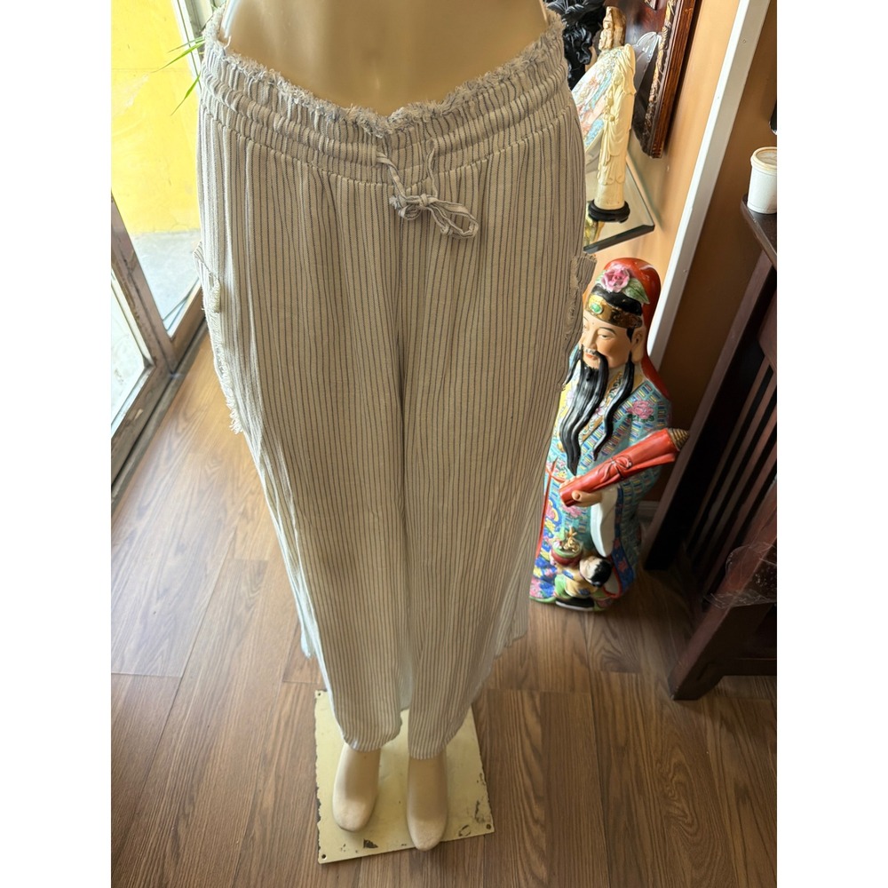 Vintage Havana Striped Wide Leg Pants Cream Blue Frayed Pocket Boho Medium
